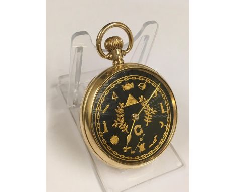 Vintage 9ct solid gold gents Masonic pocket watch , guilloche enamel dial , in good condition and working order 