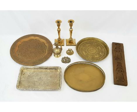 A Potpourri of Vintage and Antique Brass and other Metal Ware. Includes dinner trays, candlesticks, etc. 