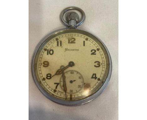 Vintage Military Helvetia pocket watch in need of renovation having markings to back of GS/TP P76634 and military arrow. 