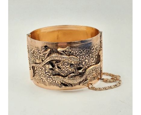 Thin Copper Bracelet/Bangle with Ornate Lizard Decoration. 5cm tall. 