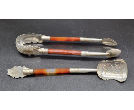 A Celtic Agate Silver Plated Tongs and Tea Caddy spoon.14cm 