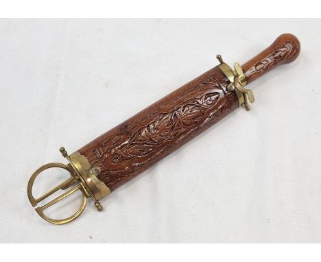 A Vintage Dagger-esque Letter Opener - housed in a decorative wooden scabbard desk stand. Length of blade 11cm. Total length 
