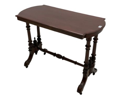 Victorian walnut stretcher table, shaped top on quadruple turned pillar supports, on splayed feet joined by turned stretcherD