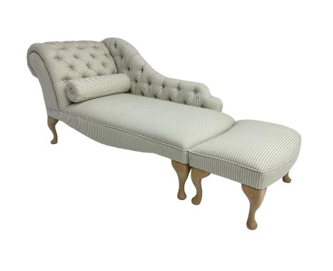 Chaise longue upholstered in striped fabric with buttoned back, on light beech cabriole feet, together with matching footstoo