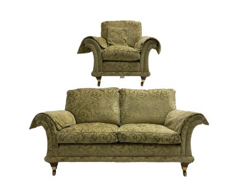 David Gundry - traditional shaped two seat sofa (W180cm), and matching armchair (W100cm), upholstered in pale green fabric wi