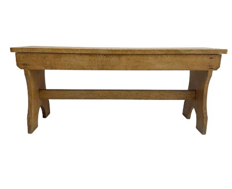 20th century light oak trestle bench, plank top on shaped end supports joined by pegged stretcherDimensions: Height:&nbsp;48c