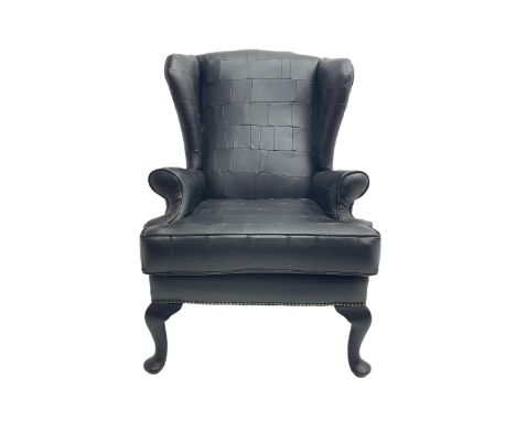 Wingback armchair, upholstered in black patch work fabric, on cabriole supports Dimensions: Height:&nbsp;102cm&nbsp; Length/W