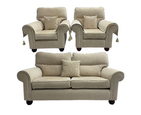 Three seat sofa (W195cm, H80cm, D100cm), and pair matching armchairs (W100cm), upholstered in cream fabric