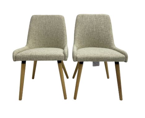 Pair contemporary side chairs, upholstered in light grey fabric, on splayed supportsDimensions: Length/Width:&nbsp;51cm&nbsp;