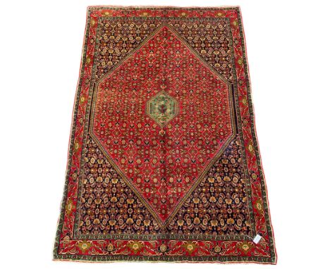 Persian Bijar red and blue ground rug, central panel decorated with tree of life and flower head motifs, decorated all-over w