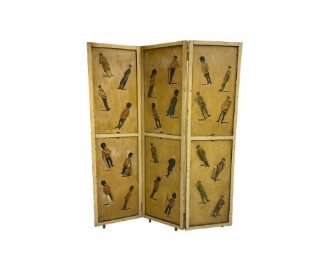 Mid-20th century three panel folding screen, decorated with various hand-written names and vintage paper cut-outsDimensions: 