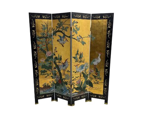 Chinese four panel folding screen, black lacquered with painted decorationDimensions: Height:&nbsp;183cm&nbsp; Length/Width:&