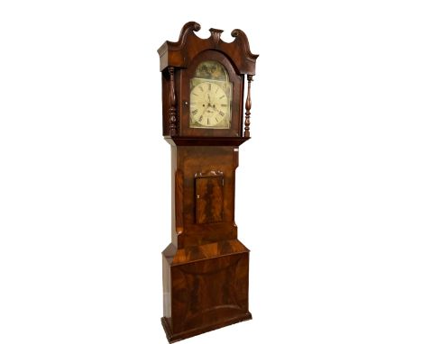 Late 19th century longcase clock in a mahogany case c 1880, 8-day movement and painted dial, with a swan's neck pediment, tru