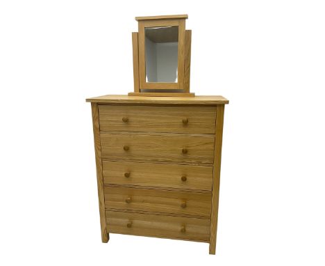 Light ash five drawer chest with swing mirrorDimensions: Height:&nbsp;117cm&nbsp; Length/Width:&nbsp;96cm&nbsp; Depth/Diamete