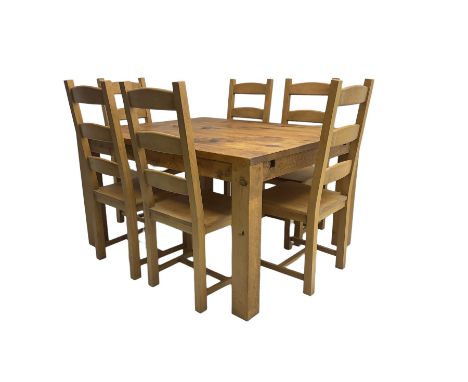 Rustic waxed pine dining table, rectangular plank top on block supports, together with set six beech ladder back dining chair