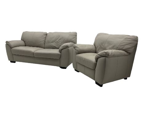 Two seat sofa (W185cm), and matching armchair (W107cm), upholstered in grey leather