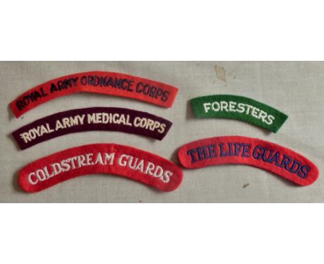 British Cloth Shoulder titles (5) Including: The Royal Army Ordnance Corps, The Life Guards, Coldstream Guards, Royal Army Me