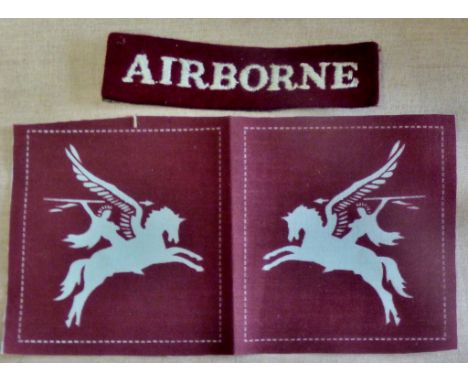 British WWII Airbourn Regiment printed cloth sleeve patch and stitched cloth shoulder title, nice pair