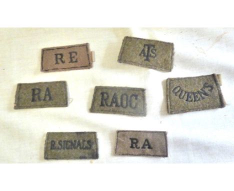 British WWII Cloth epaulette titles, officers service wear including: Royal Signals, Royal Engineers, A.T.S. Queen's, R.A.O.C