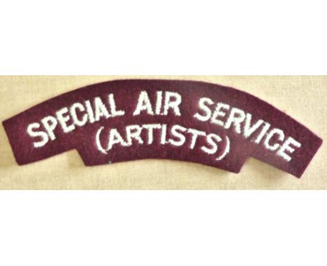 British WWII Special Air Service (Artists) cloth sleeve title, light blue on purple 