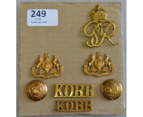 The King's Own Royal Regiment WWI/II Collection including: Officers Cap Badge (Gilt, lugs), Collar badges, Geo V & VI button 