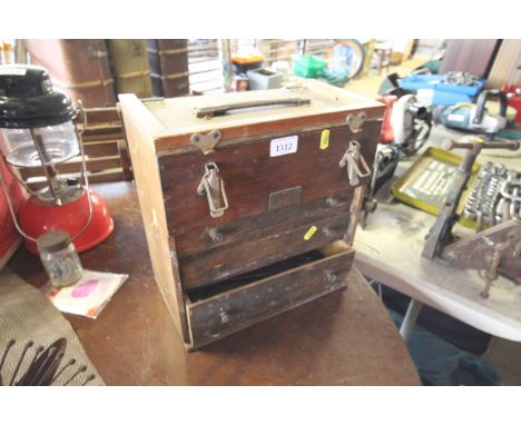 An upright wooden tool chest, comprising three drawers and hinged lid top with internal tray and contents of various tools, t