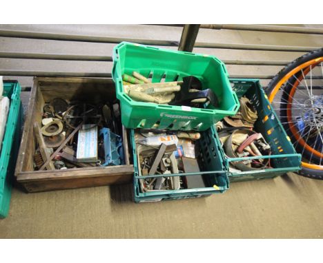 Four boxes containing various workshop equipment and hand tools etc