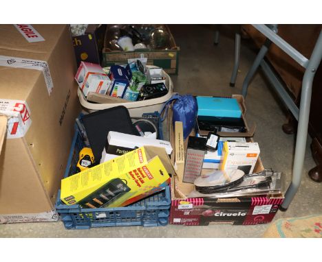 Three boxes of various electrical items including walkie talkies, light bulbs etc