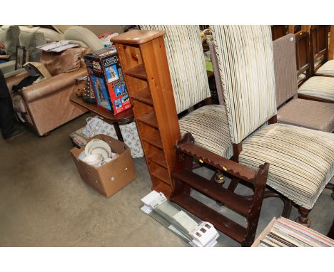 A narrow pine open shelf, a mahogany wall shelf and collection of IKEA shelving 