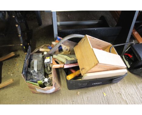 A box containing Champion nails, a bath mixer tap, together with a box of various hand tools to include saws, shears etc.