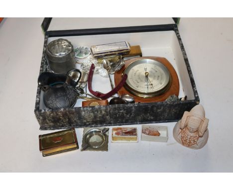 A box of small sundry items to include barometer, brass boxes, cream jug etc.