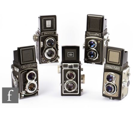 A collection of various TLR cameras, to include a Flexaret, Minolta Autocord, Ikoflex, Toyocaflex and Prinz Flex. 