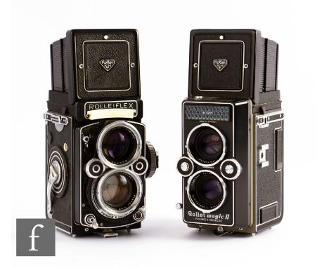 Two Rolleiflex TLR cameras, to include a Rollei Magic II and Rollei 2.8F, serial number 2418804. 