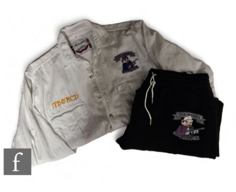 Bon Jovi - A Jersey Syndicate tour white button up shirt, labelled L, with black tracksuit trousers, labelled XL. (2)  *A Tou