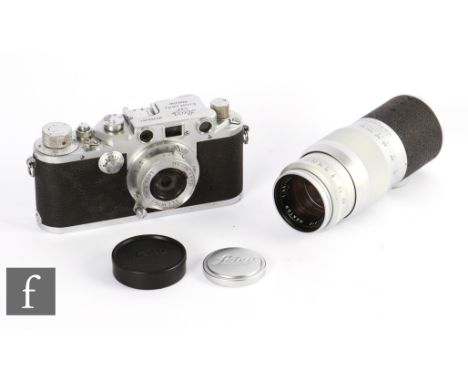 A Leica IIIc, circa 1940, serial number 366491, with Leitz Elmar f3.5 50mm collapsible lens.