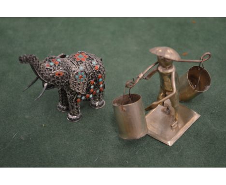 An Indian filigree elephant and another item.