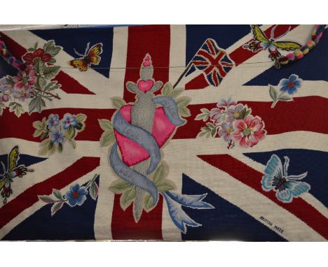 An unusual hand-made tapestry Union Jack wall hanging "Peace, Love, Hope" made by the Rug Company.