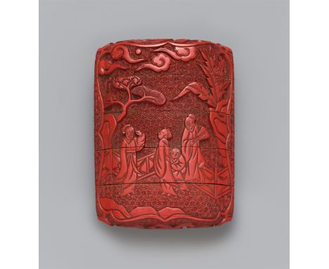 Inrô in der Art von Schnitzlack.19. Jh.5-tlg. An den Breitseiten jeweils in einer geschweiften Kartusche in Relief Gelehrte a