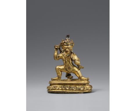 Bhutadamara-Vajrapani. Vergoldete Bronze mit wenig Kaltbemalung. Tibet, 18./18. Jh.Der Bodhisattva steht gemäßigt zornvoll im