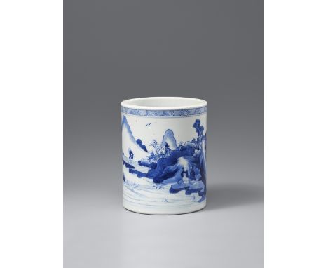 Blau-weißer Pinselbecher (bitong). Kangxi-Periode (1662–1722), Zylindrischer Becher, außen dekoriert in abgestuften Unterglas