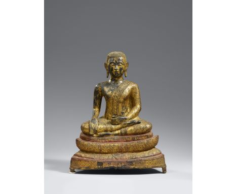 Phra Malai. Bronze. Thailand. Ratanakosin. 19. Jh.Im Meditationssitz auf einem Lotoskissen über einem flachen Sockel auf vier