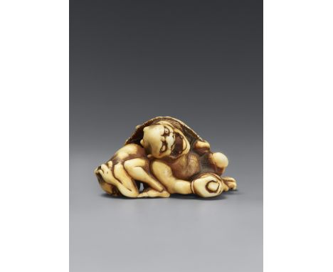 Zwei oni zu setsubun. Elfenbein, teilweise eingefärbt. Hakata, Otoman zugeschrieben. Um 1830Ein oni mit zwei Hörnern auf dem 
