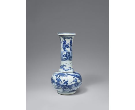 Große blau-weiße Flaschenvase. Kangxi-Periode (1661–1722)Gedrungen kugeliger Körper mit langem zylindrischen, leicht konkavem