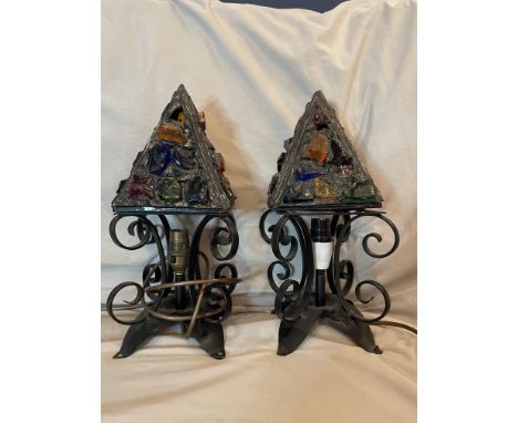PAIR OF VINTAGE WROUGHT IRON &amp; STAINED GLASS LAMPS&nbsp;
A pair of vintage lamps. 36cm high, both shades damaged. Wrought