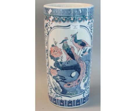 Chinese design porcelain circular stick stand overall with exotic birds amongst foliage 45cm high.  (B.P. 21% + VAT) 