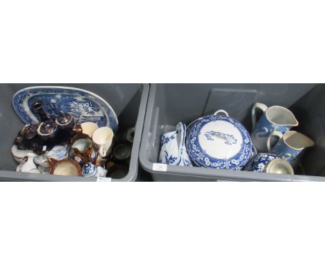 Two boxes of assorted China to include: Large 'Willow' pattern oval meat plate, copper lustred jugs, Pountney of Bristol 'Eme