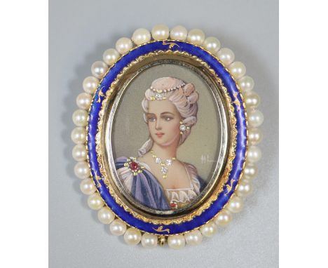 Painted portrait miniature pin brooch in French style, a female portrait set with diamonds within a pearl frame.(B.P. 21% + V