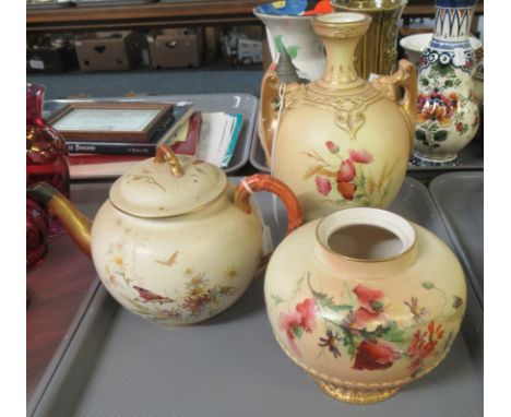 Three pieces of Royal Worcester porcelain: two handled urn decorated with wild poppies, ears of corn and cornflowers on a blu