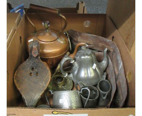 Box of assorted metalware: small bellows, large copper kettle, pewter teapot with seed head finial and ceramic heat resisters