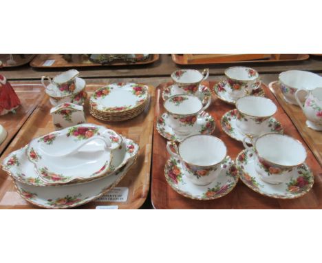 Two trays of Royal Albert 'Old Country Roses' to include: 6 tea cups and saucers, 6 tea plates, milk jug, sugar basin, small 